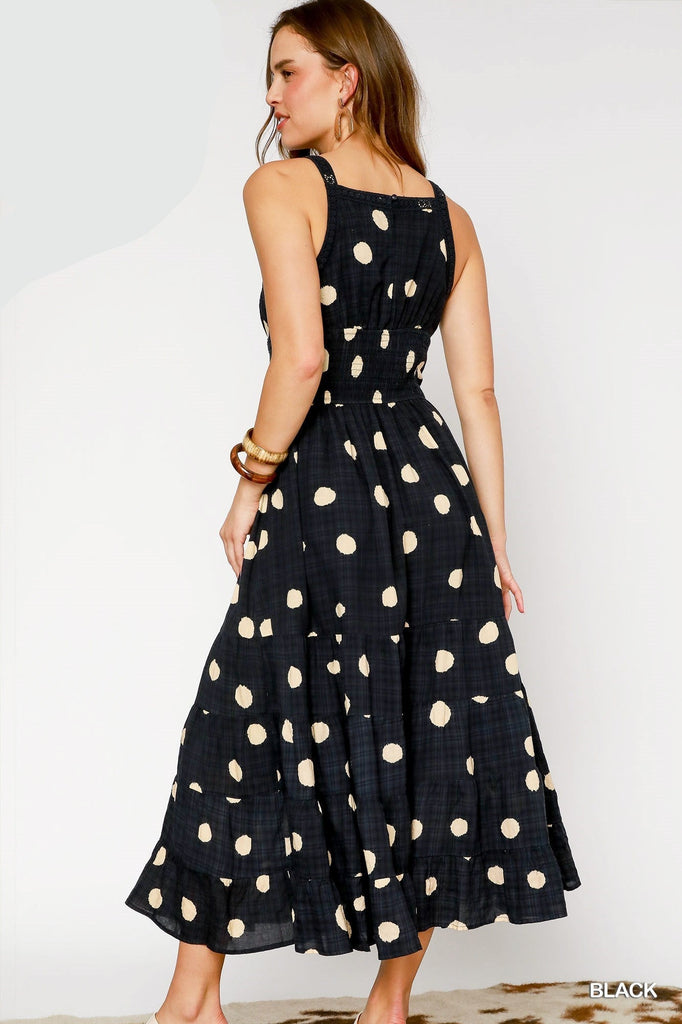 Tan Polka Dot Lace Inlay Midi Dress - MISRED