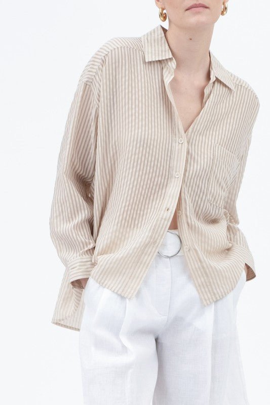 Tan Stripe Over Size Button Up - MISRED