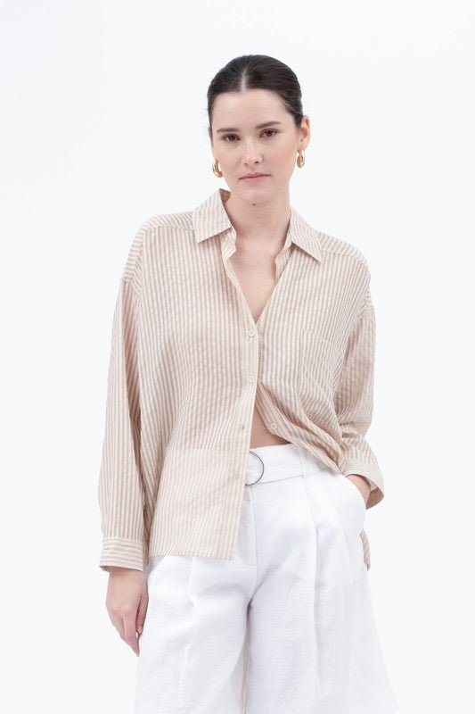 Tan Stripe Over Size Button Up - MISRED