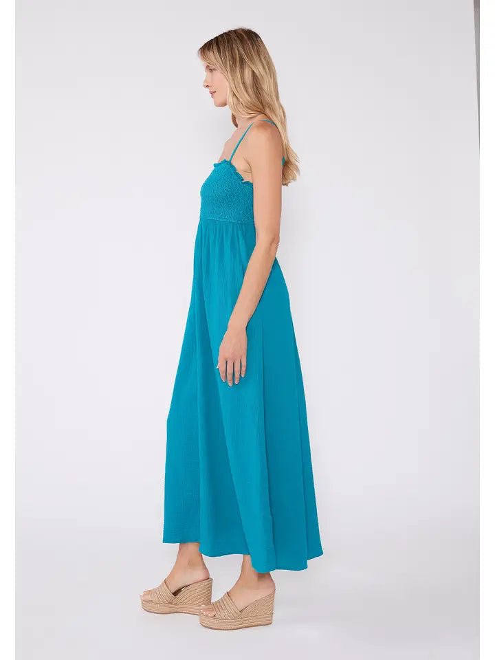 Teal Cotton Smocked Maxi Dress - MISRED