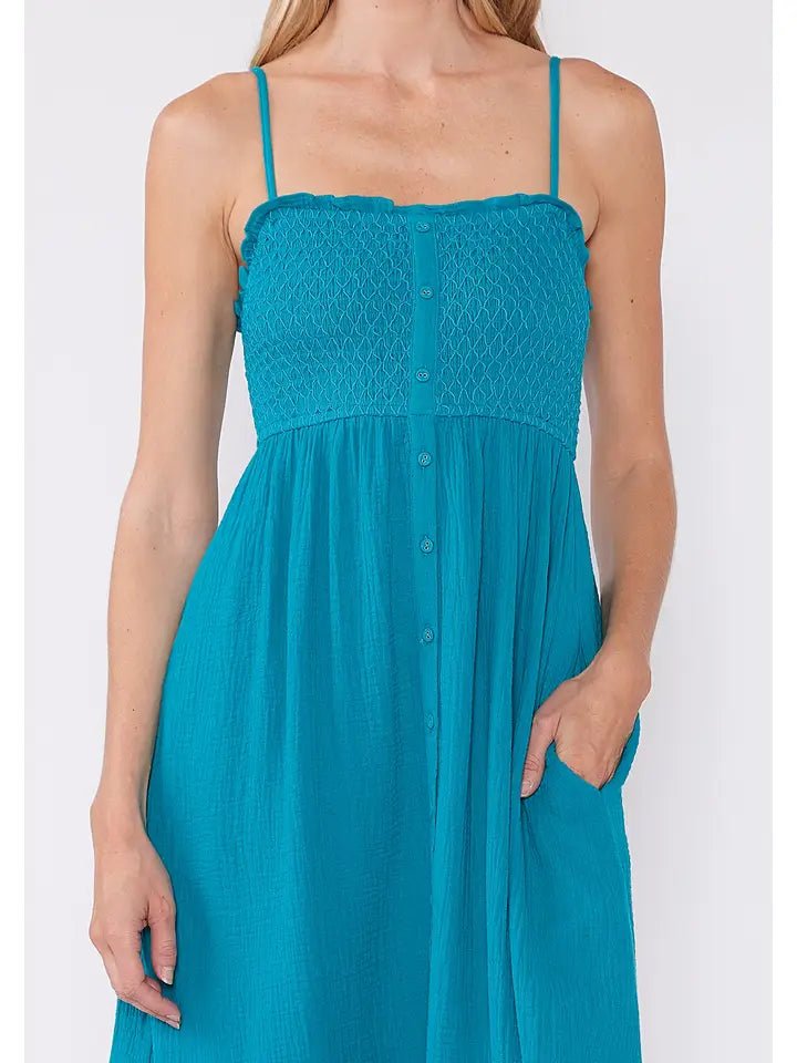 Teal Cotton Smocked Maxi Dress - MISRED
