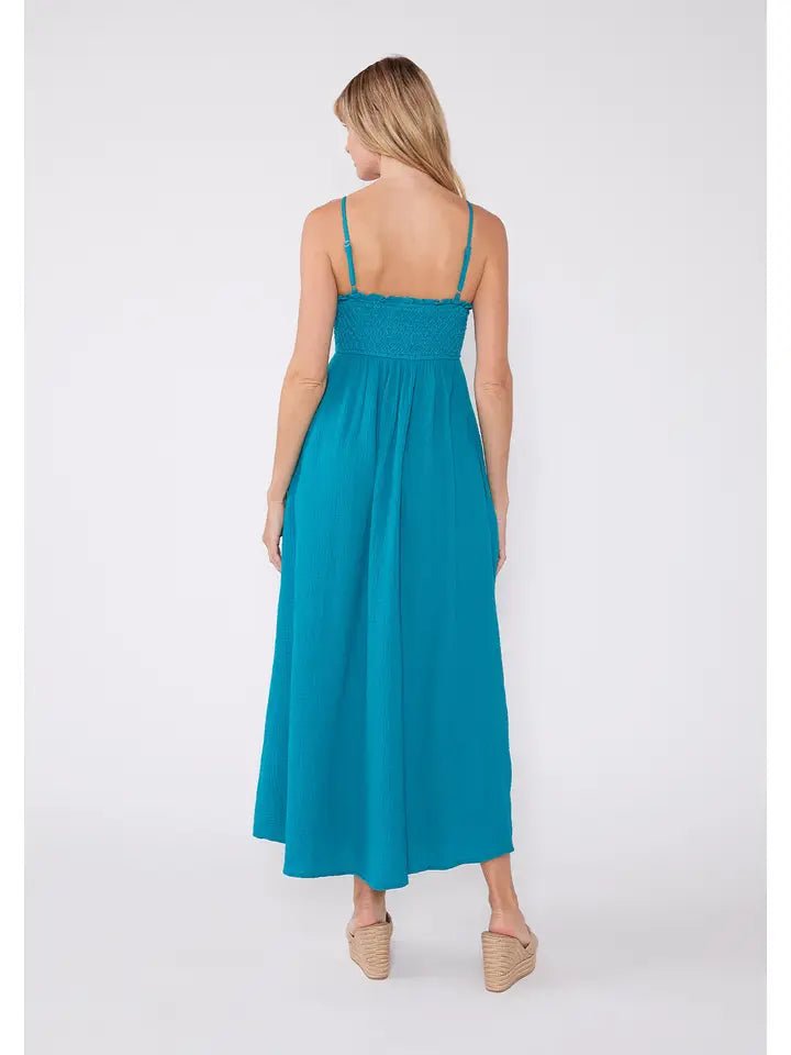 Teal Cotton Smocked Maxi Dress - MISRED