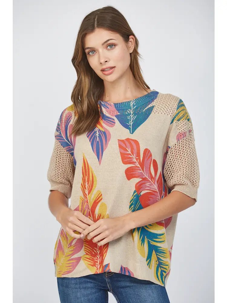 Tropical Print Half Sleeve Sweater - MISRED