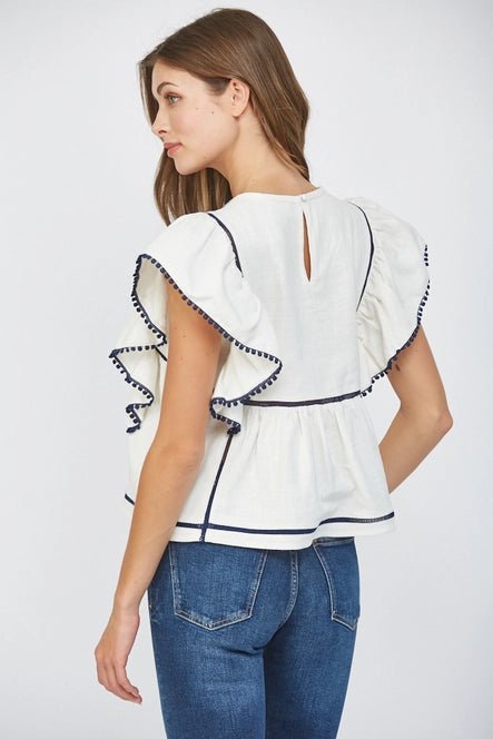 White and Navy Flutter Sleeve Blouse - MISRED