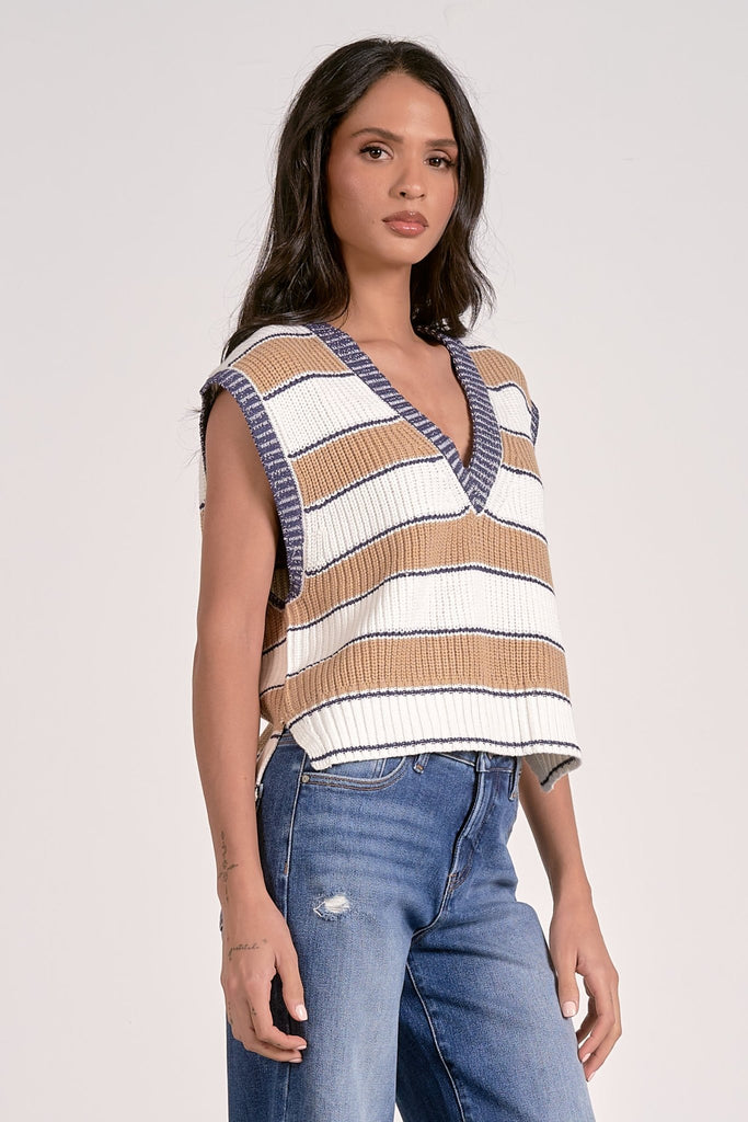 White & Brown Striped Sweater Vest - MISRED