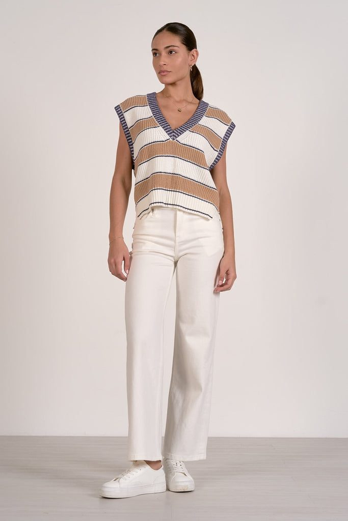 White & Brown Striped Sweater Vest - MISRED