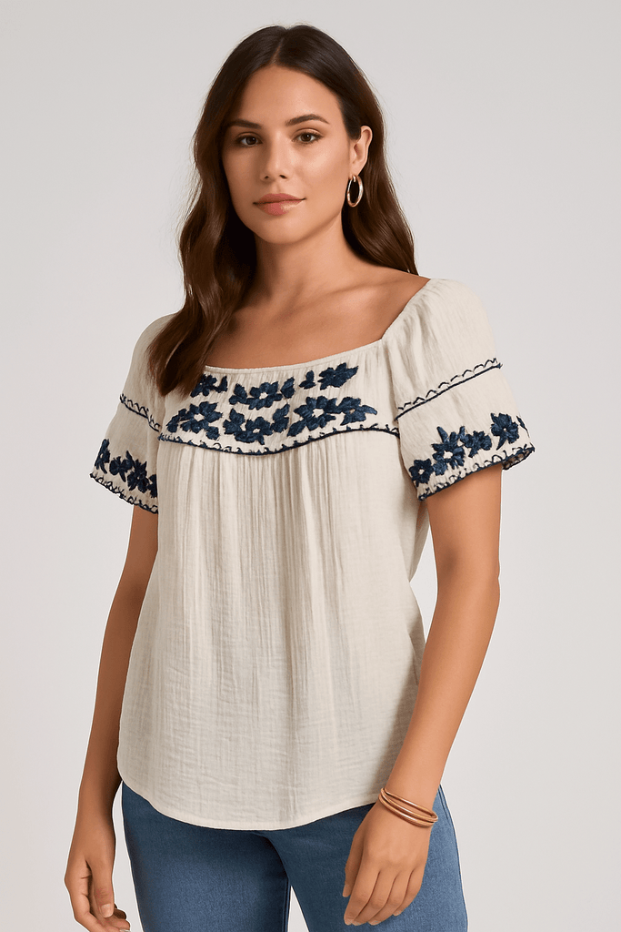 White Cotton & Navy Floral Embroidered Peasant Top - MISRED