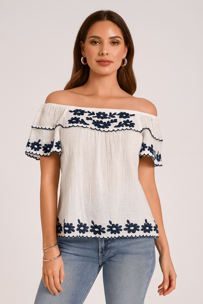 White Cotton & Navy Floral Embroidered Peasant Top - MISRED