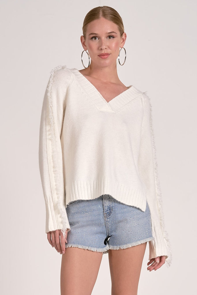 White Frayed V - Neck Sweater - MISRED