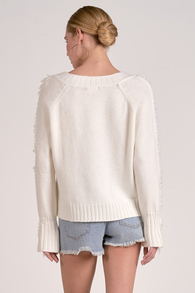 White Frayed V - Neck Sweater - MISRED