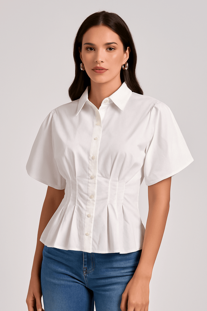 White Pin Tuck Waist Blouse Top - MISRED