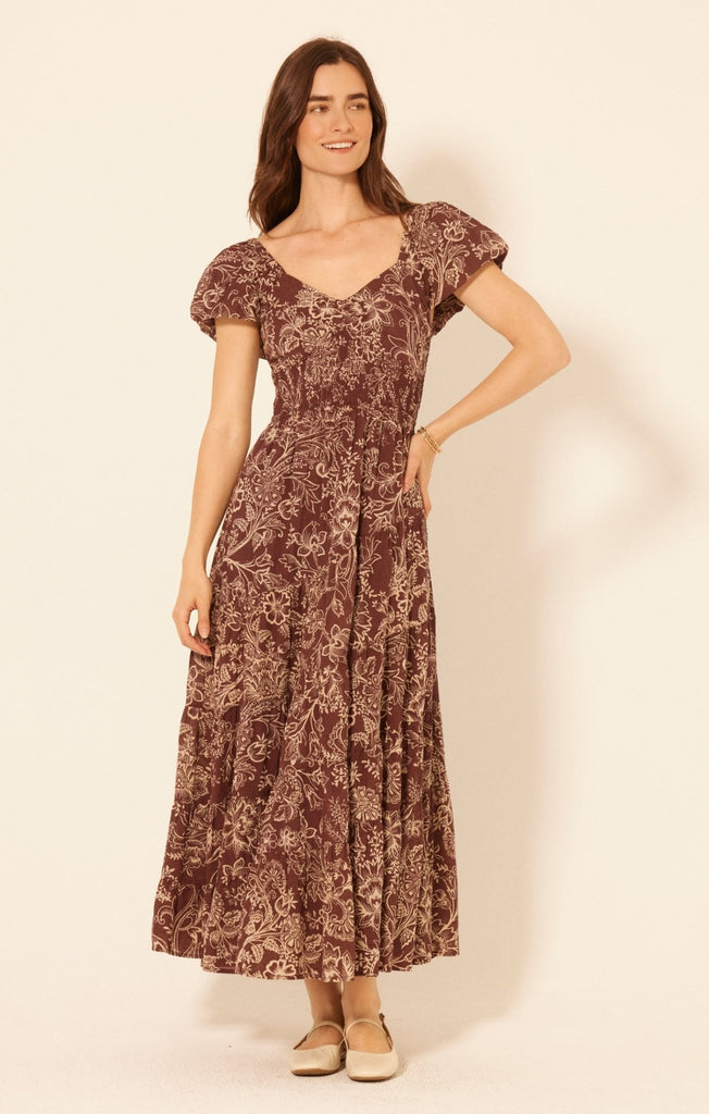 Wine Floral Smocked Maxi Dress - MISRED
