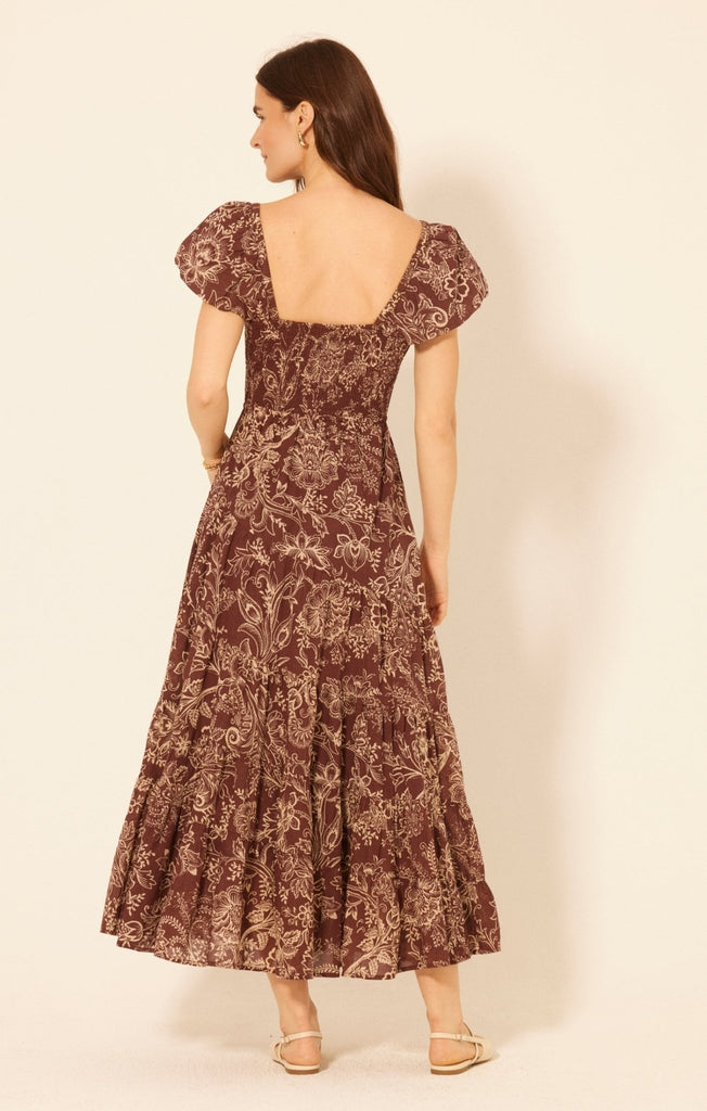 Wine Floral Smocked Maxi Dress - MISRED