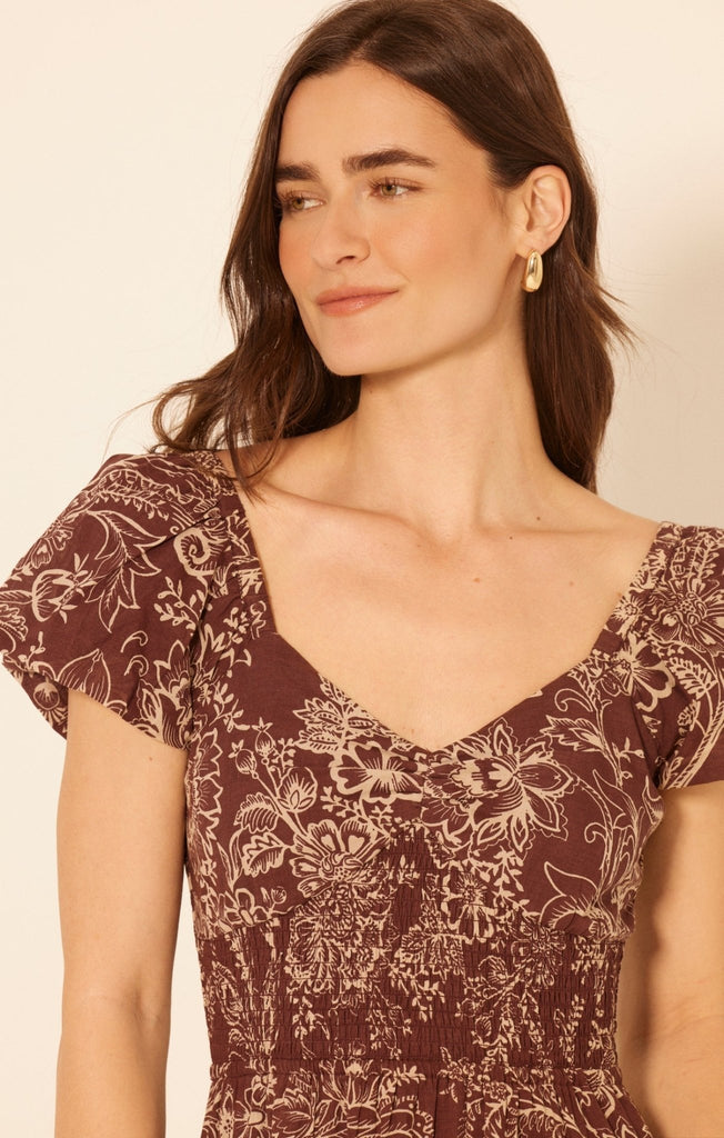 Wine Floral Smocked Maxi Dress - MISRED