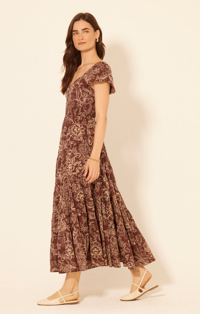 Wine Floral Smocked Maxi Dress - MISRED