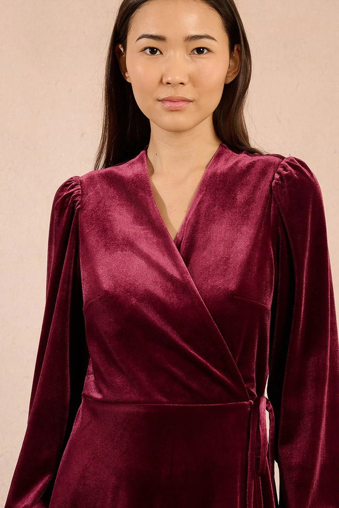 Wine Velvet Wrap Dress - MISRED