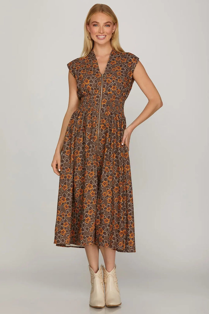 Zip Front Floral Midi Dress - MISRED