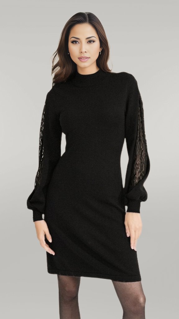 Black Knitted Sweater Dress - MISRED