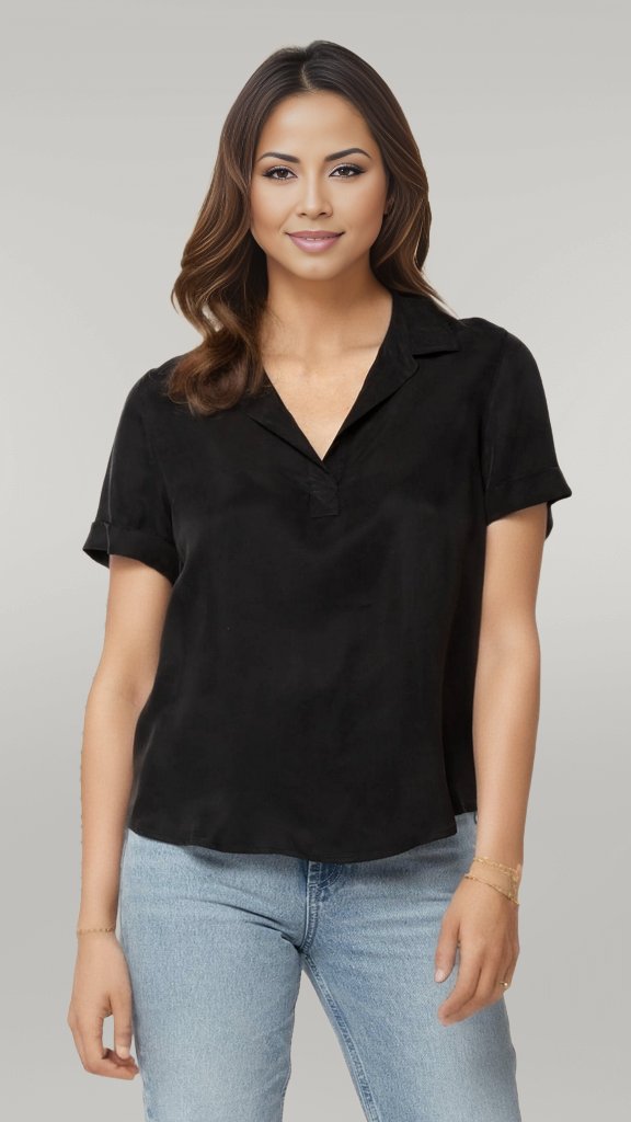 Black Lena Short Roll Sleeve Button Up {Velvet Heart} - MISRED