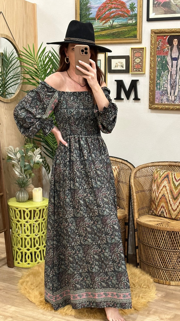 Black Paisley Smock Boho Dress - MISRED