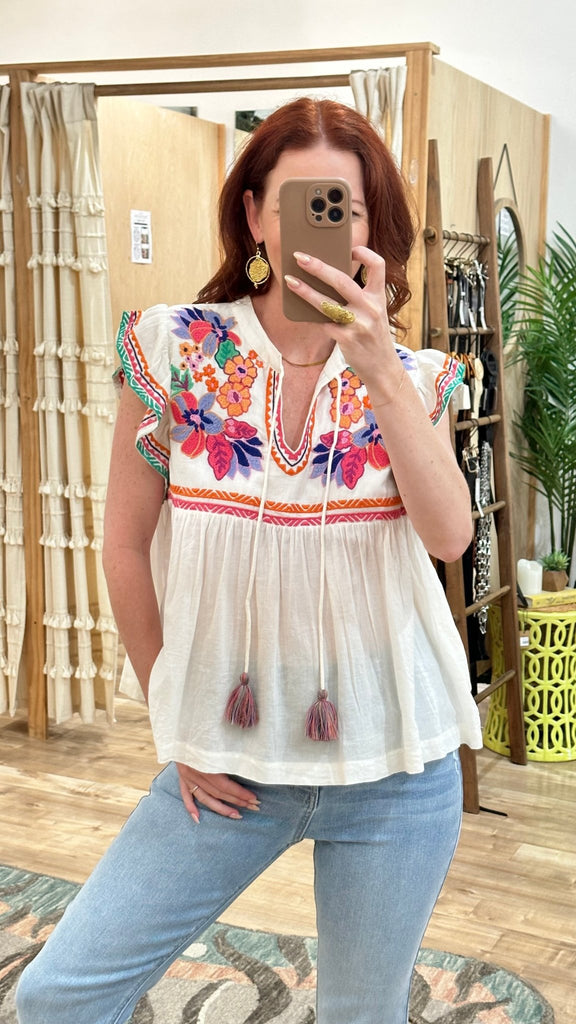 Colorful Embroiderd Ruffle Sleeve Top - MISRED