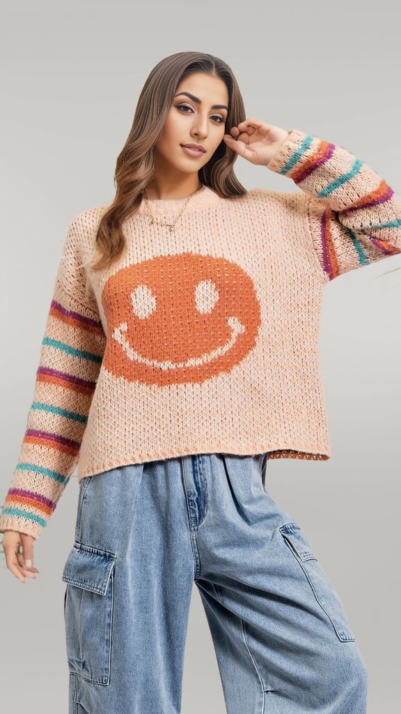 Coral Happy Face Striped Sweater - MISRED