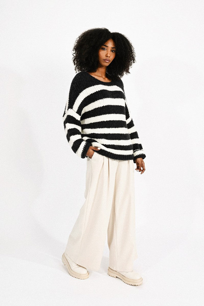 Dark Navy & White Striped Knitted Sweater - MISRED