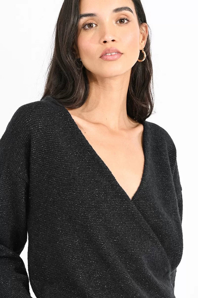 Faux Wrap Glimmery V-Neck Sweater - MISRED