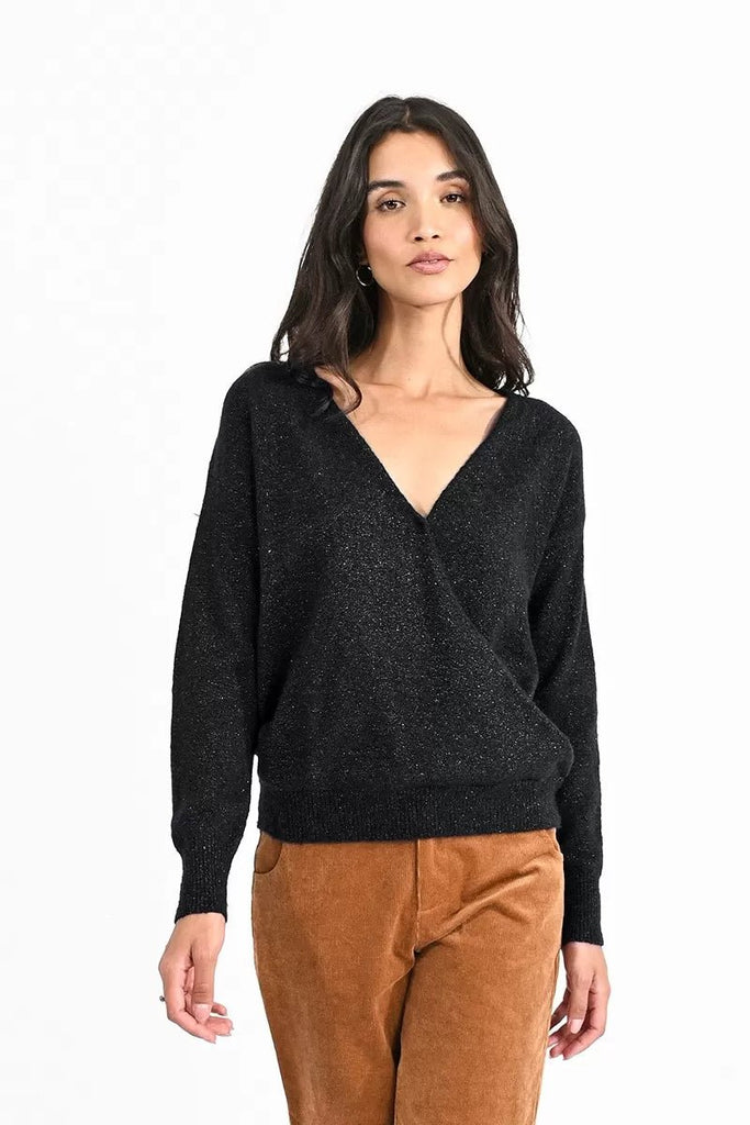 Faux Wrap Glimmery V-Neck Sweater - MISRED