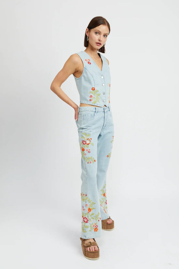 Floral Embroidered Flare Pants - MISRED