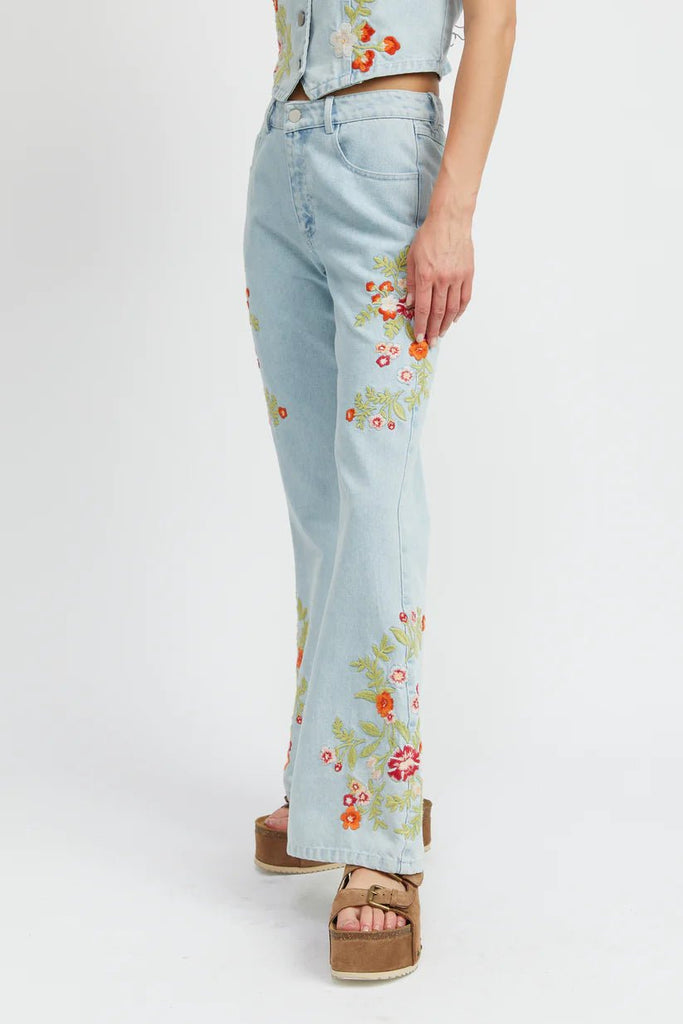 Floral Embroidered Flare Pants - MISRED