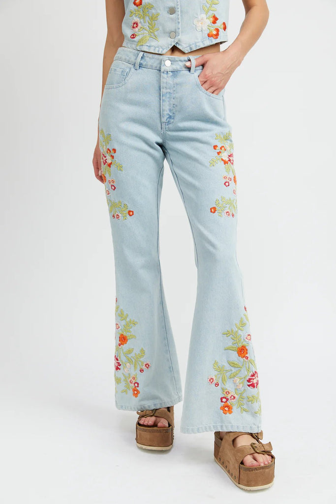 Floral Embroidered Flare Pants - MISRED