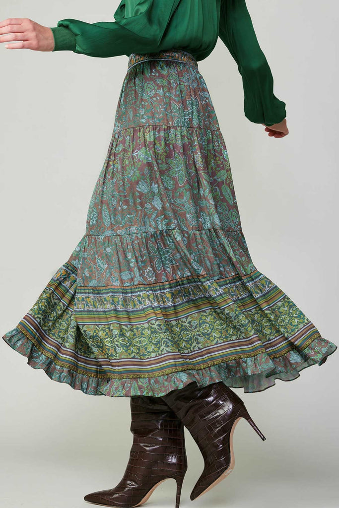 Green Floral Print Midi Skirt - MISRED
