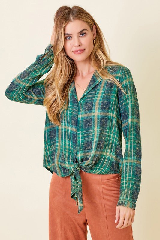 Green Washed Plaid Front Tie Top - MISRED