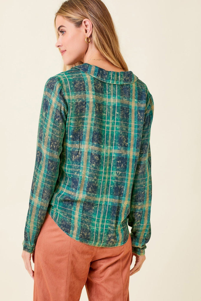 Green Washed Plaid Front Tie Top - MISRED