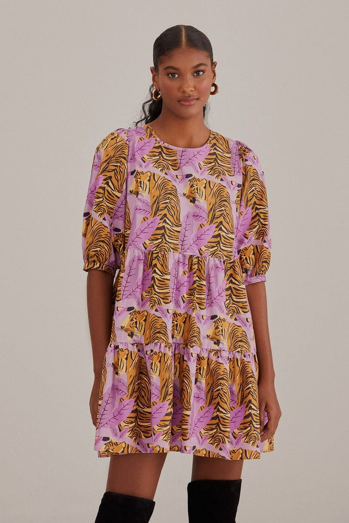 Lavender Tiger Leaves Puff Sleeve Mini Dress {Farm Rio} - MISRED