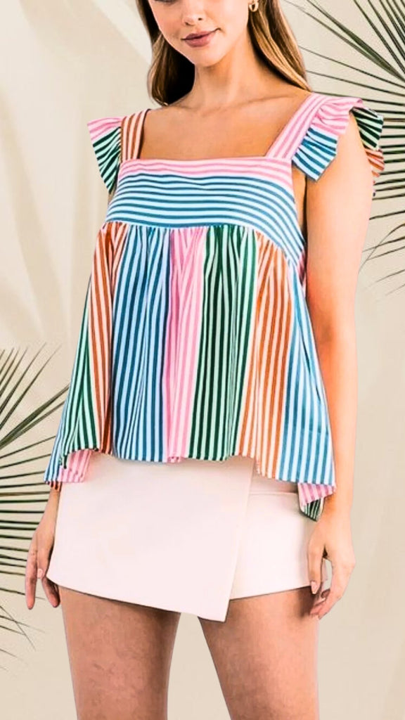 Multicolor Stripe Ruffle Sleeve Top {THML} - MISRED