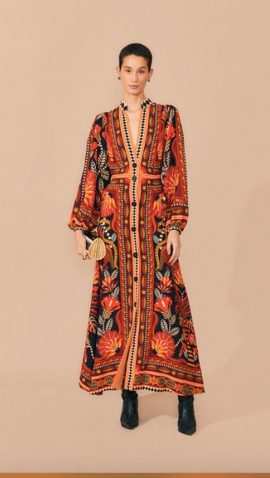 Nature Beauty Red Scarf Long Sleeve Maxi Dress {Farm Rio} - MISRED