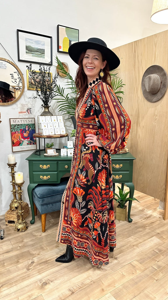 Nature Beauty Red Scarf Long Sleeve Maxi Dress {Farm Rio} - MISRED