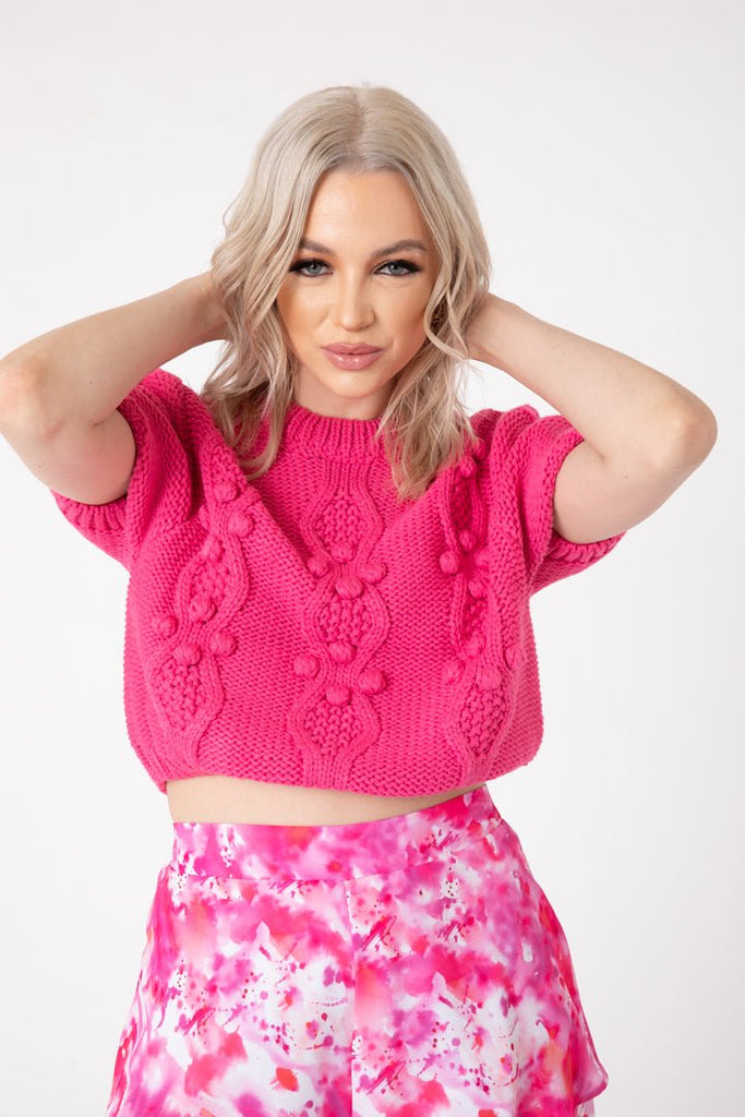Pink Pom Pom Cap Sleeve Sweater - MISRED