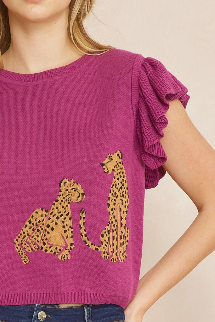 Plum Twin Cheetah Ruffle Sweater Top - MISRED
