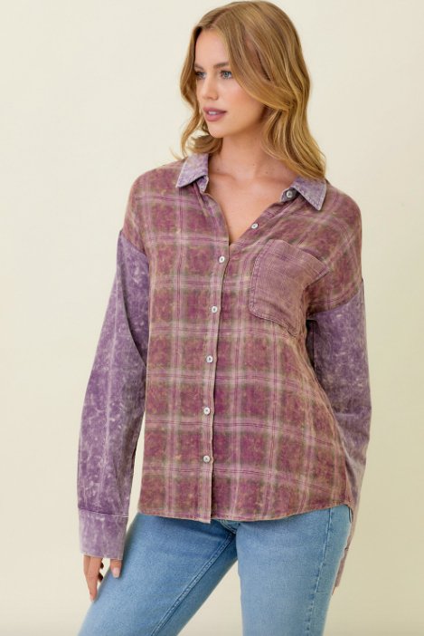 Purple Distressed Wash Color Block Top - MISRED