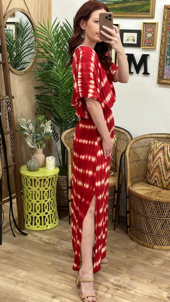 Red Dyed Beaded Maxi Dress - MISRED