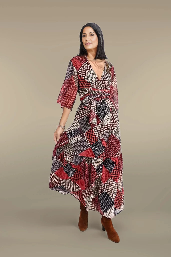 Red Tone Abstract Print Maxi Dress - MISRED