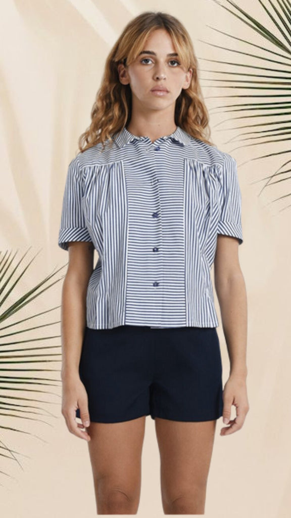Short Sleeve Collared Stripped Shirt - MISRED