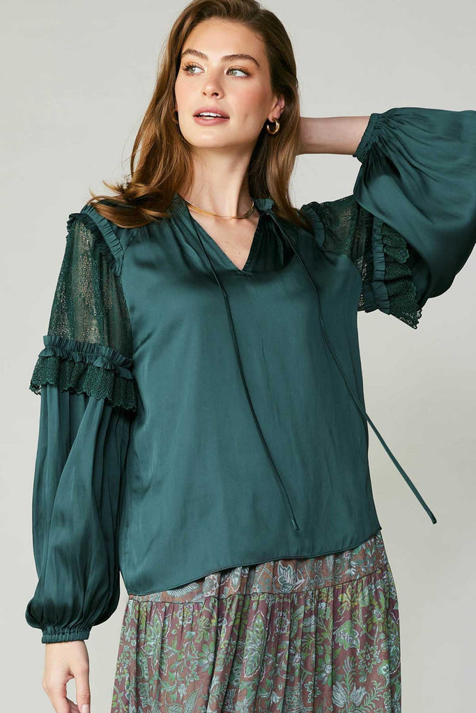 Teal Lace Ruffled Long Sleeve Top - MISRED