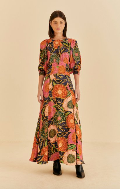Vintage Garden Multicolor Puff Sleeve Maxi Dress {Farm Rio} - MISRED